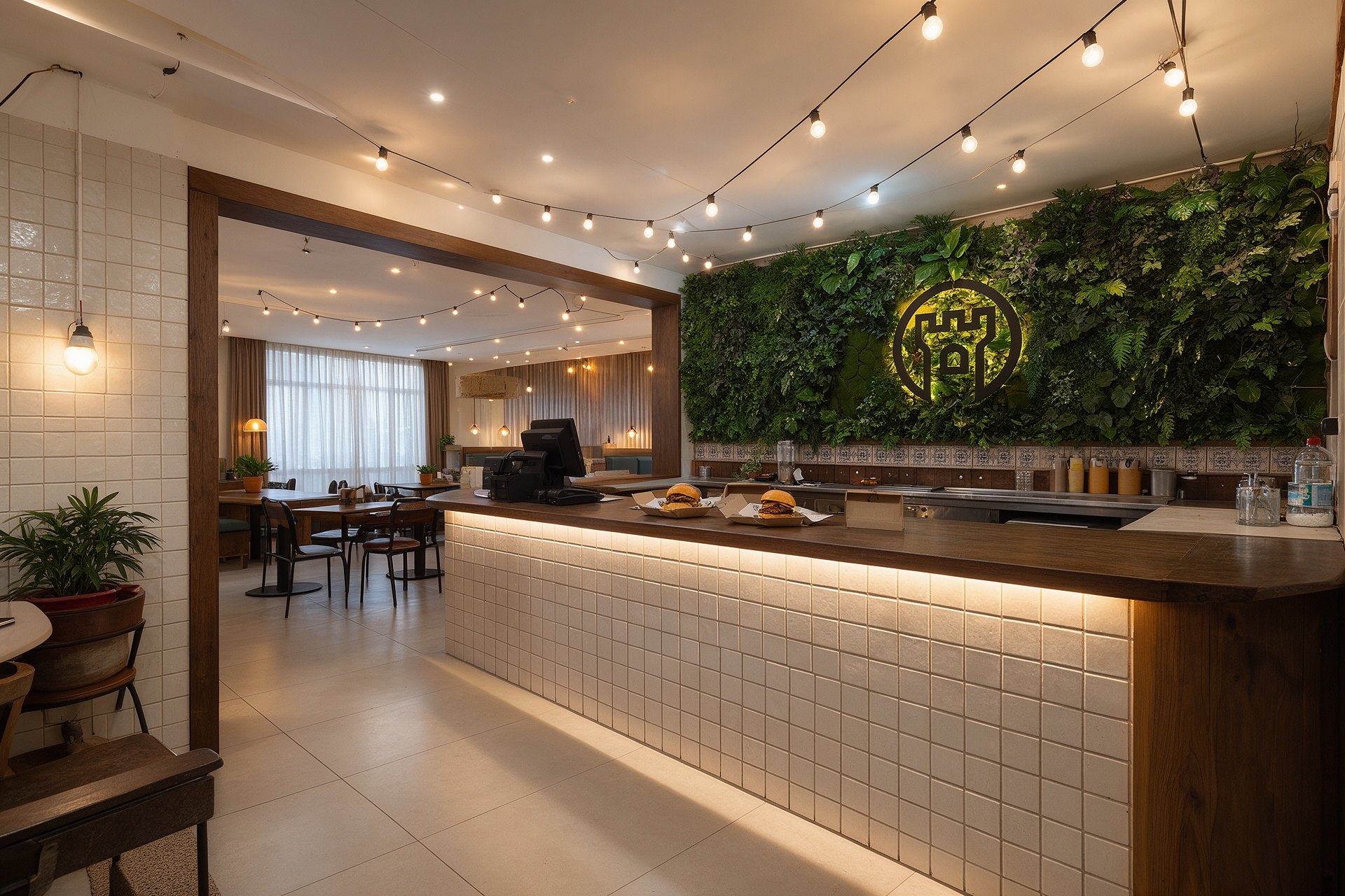 Interior del Restaurante El Castillo con mostrador, pared vegetal y guirnaldas de luces