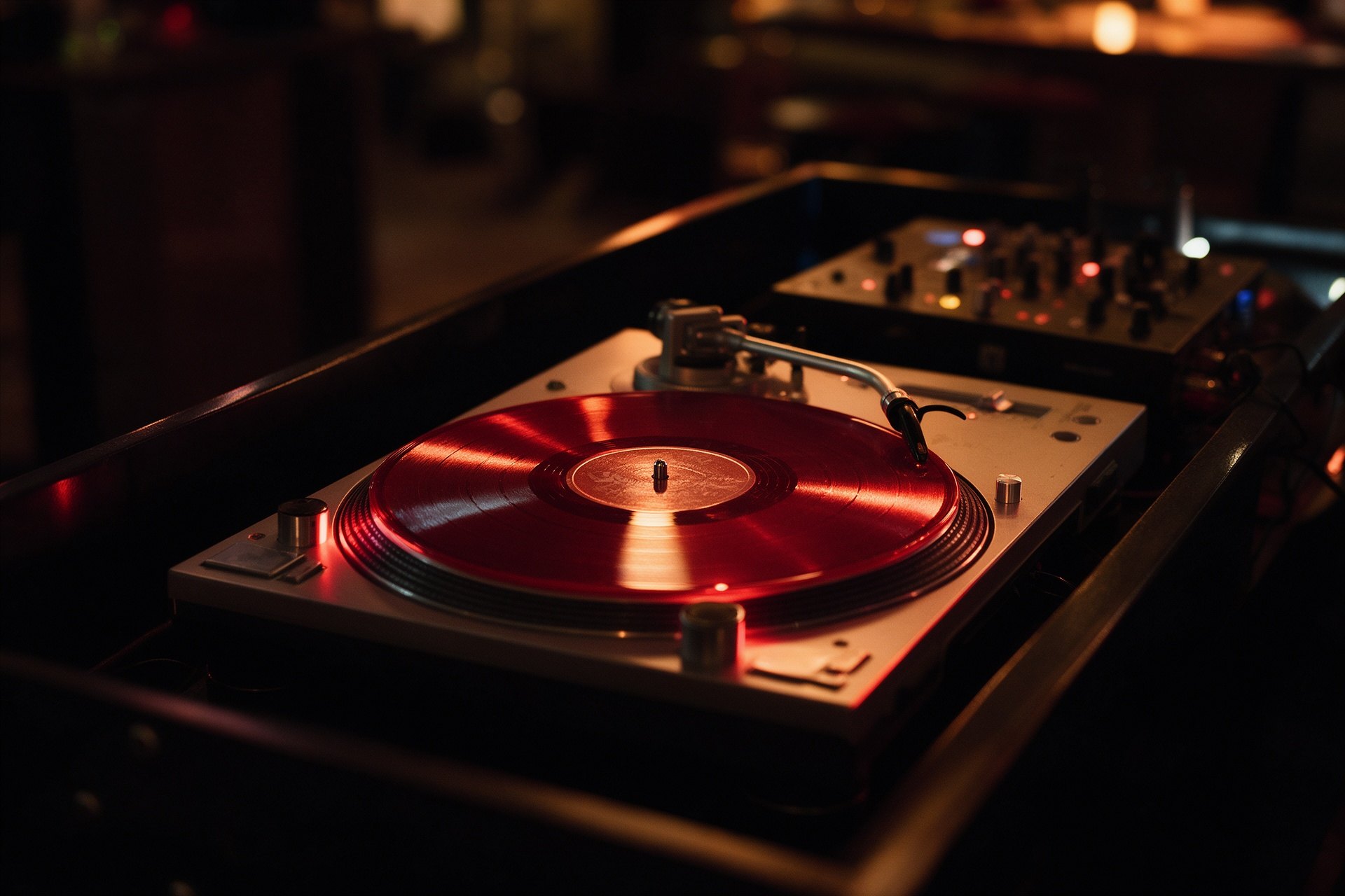 Tocadiscos con un disco rojo en un rincón con luz roja de noche
