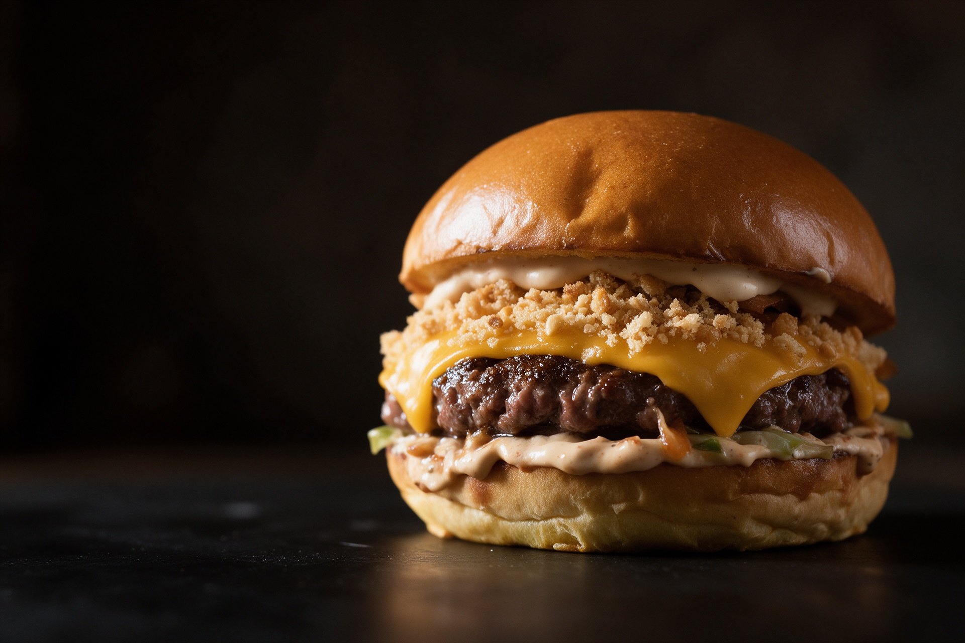 Hamburguesa alta con queso fundido y cobertura crujiente sobre fondo oscuro