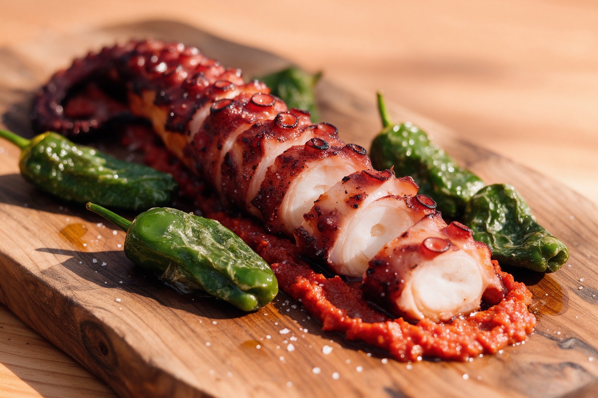 Pulpo a la brasa con pimientos de padrón sobre tabla de madera