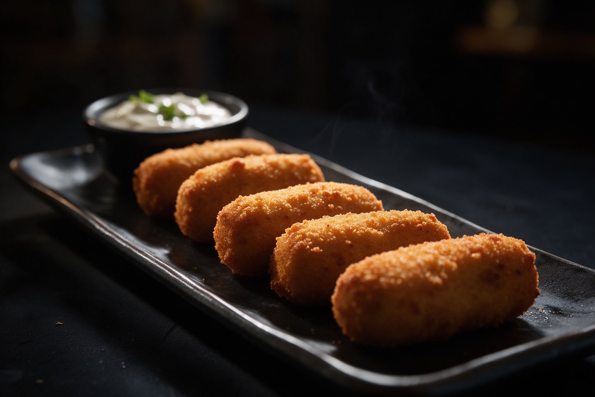 Cinco croquetas doradas en plato oscuro con un cuenco de salsa